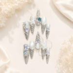 [Heart of the Ocean] Handmade Long Sheer Blue Cat-Eye Press-On Nails with 3D Sculpted White Glass Accents